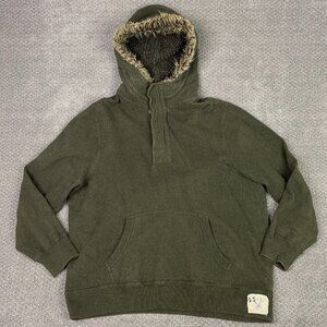 Vintage American Eagle Hoodie Men's XXL Green Military Army Faux Fur Hood Fleece